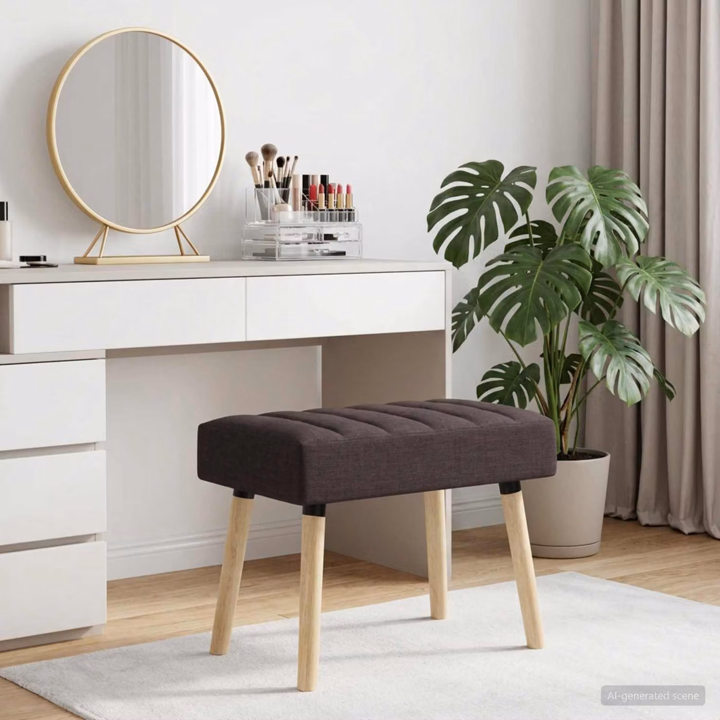 Panchina trapuntata a canale moderna vidaXL in tessuto marrone con struttura in legno di gomma L: 110 cm, P: 60 cm, H: 45 cm