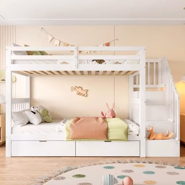 Letto a castello bianco 90x200 cm con scala a ripiani e 2 cassetti; struttura in pino e MDF per cameretta