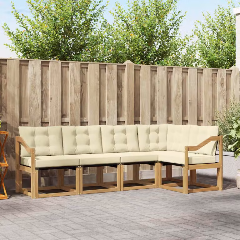 Set di divani da esterno a L vidaXL in legno di acacia con cuscini in textilene, Bianco, Beige e Marrone