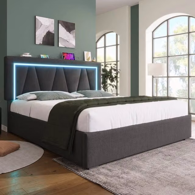 Letto Contenitore Imbottito LED 160x200 con USB ¨C Xylo ¨C Tessuto Lino