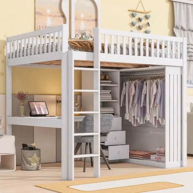 Letto a soppalco MINIMAL bianco con scrivania, armadio e cassetti per cameretta dei bambini L/P/H: 205 x 140 x 180 cm