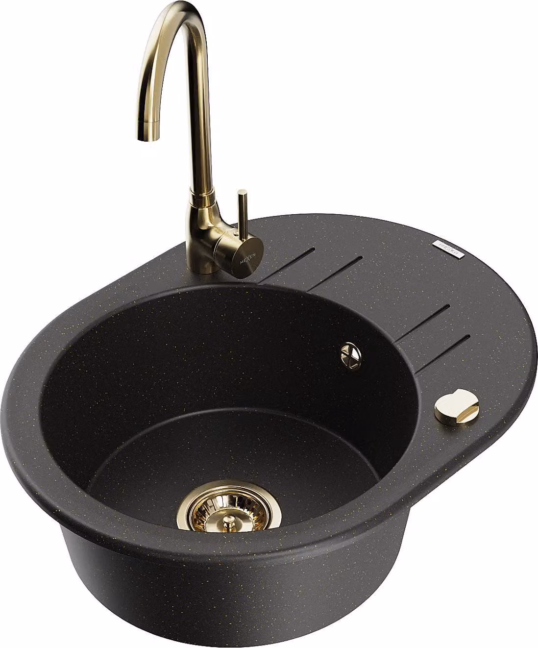Mexen Kevin lavello in granito a 1 vasca con scolapiatti e rubinetto da cucina Telma, nero/oro metallizzato - 6517-75-670200-50