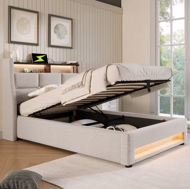Letto imbottito 90x200 cm con contenitore; LED e USB; beige chiaro