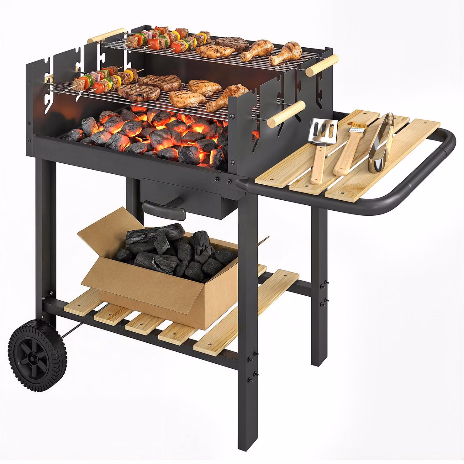 Carrello barbecue a carbonella con griglia regolabile in 4 posizioni, 2 ripiani per la legna, 2 ruote e contenitore per la cenere – 99,5 x 58 x 82 cm