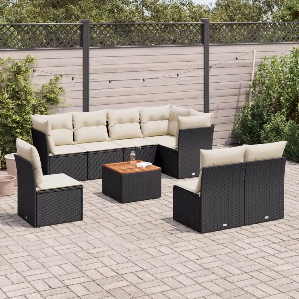 vidaXL Set Divani da Giardino 9 pz in Polyrattan Nero con Cuscini e Tavolino da Caffè – 1