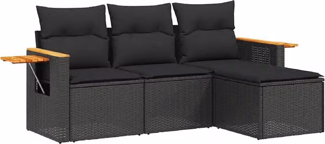 Set Salotto da Giardino Moderno a L in Polyrattan Nero con Cuscini e Tavolino da Design IN