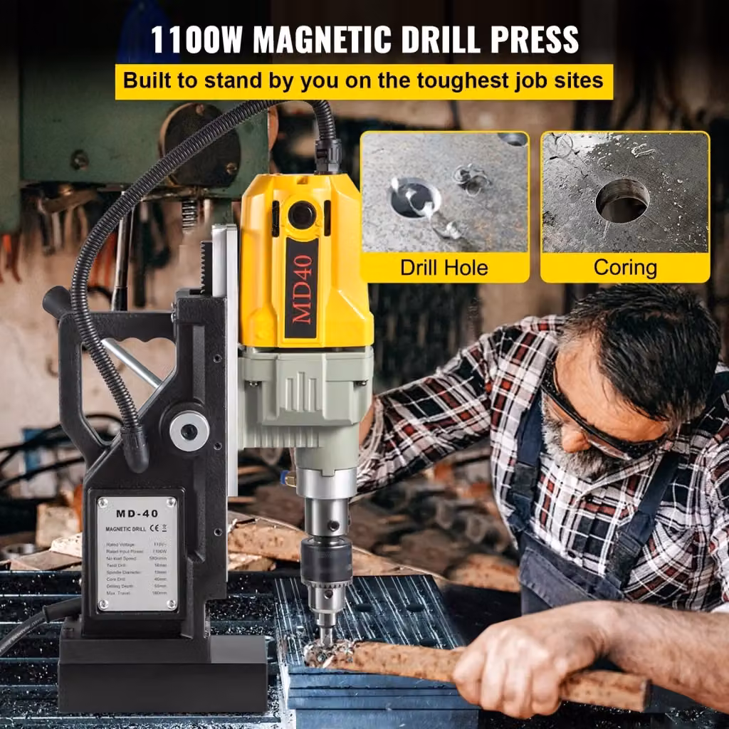 Trapano magnetico elettrico da 1100W 220V con 12 punte, carotatrice industriale gialla con forza di 12000N e diametro 40 mm – 2