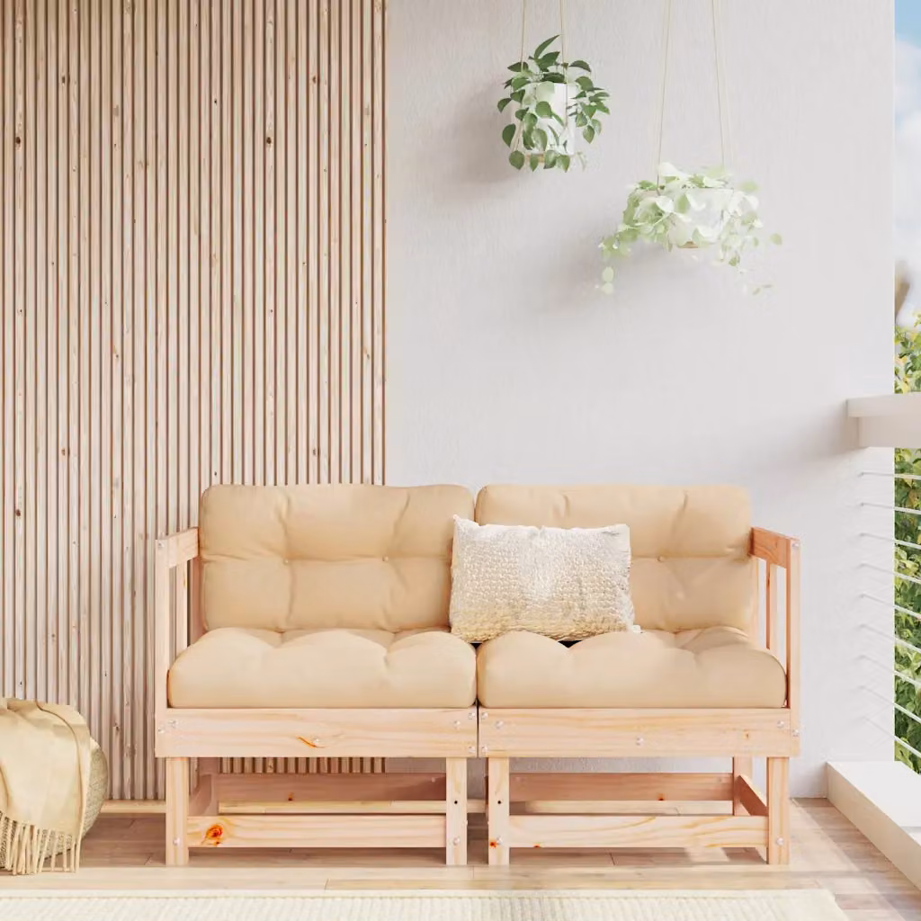 Set di 2 divani angolari da giardino vidaXL in legno massello di pino color marrone con cuscini beige