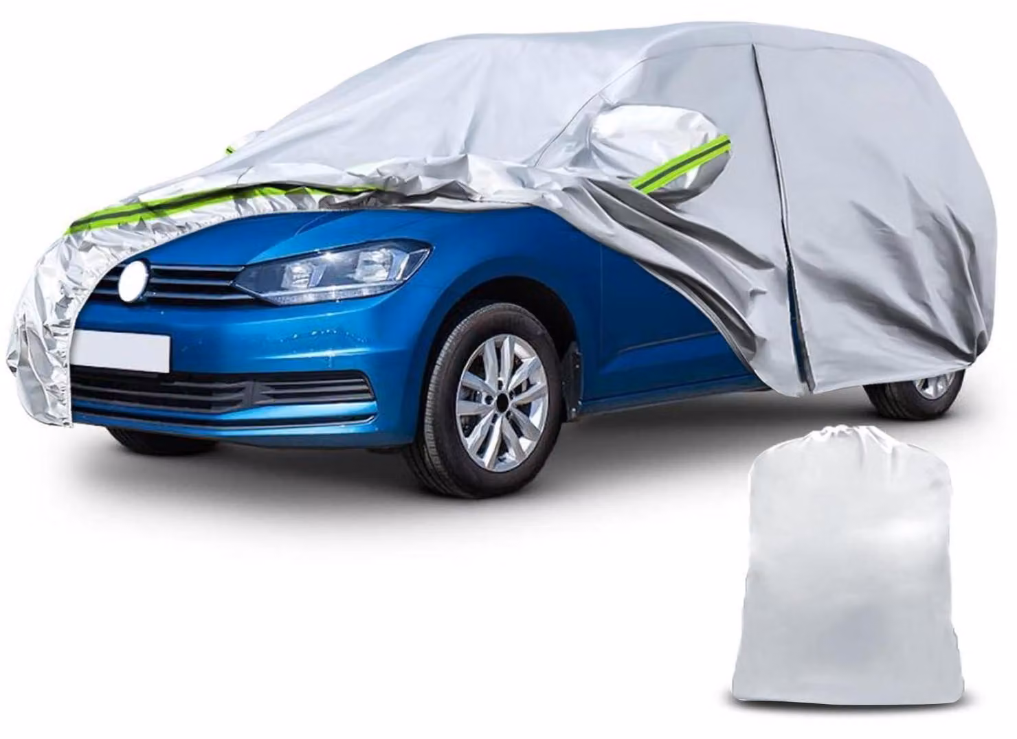 Copertura protettiva per auto, compatibile con VW Touran dal 2003 al 2023, protezione per tutte le condizioni atmosferiche, colore argento, con cerniera per l'accesso alle portiere e serratura