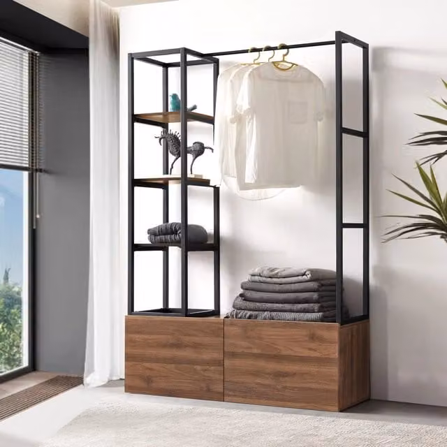 Armadio Aperto Egmating per Guardaroba 180 x 120 x 40 cm - Color Noce / Nero [en.casa]