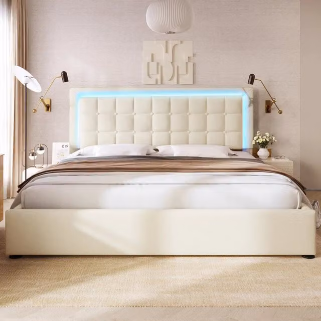 Letto matrimoniale WISHDOR con contenitore e illuminazione LED, rivestimento in ecopelle bianca, L/P/H: 213 x 140 x 105 cm – 1