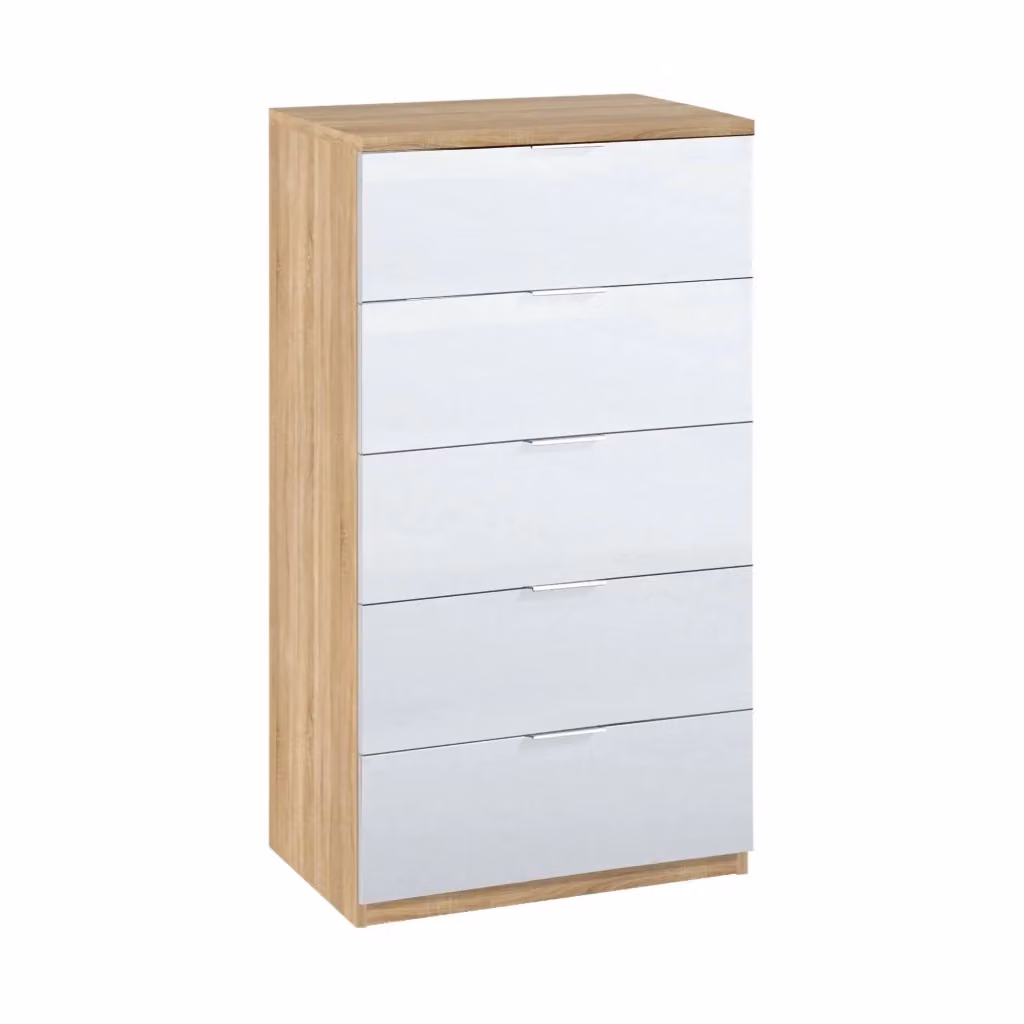 Cassettiera Armenia DMORA con 5 cassetti per camera da letto, stile moderno, L: 60 cm, P: 40 cm, H: 110 cm, Rovere e Bianco – 2