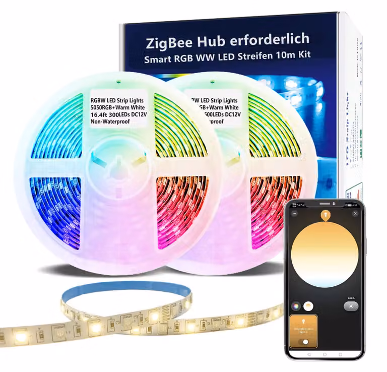 Striscia LED RGBW, 10 metri, smart, dimmerabile, ZigBee 3.0, luce bianco caldo, controllo tramite app