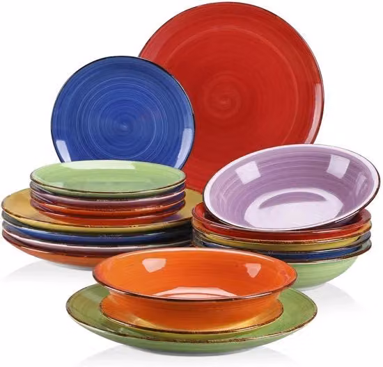 Set di piatti - Set di piatti - 18 pezzi - Piatti da tavola - Piatti da zuppa - Piatti da dessert - Ceramica - Per 12 persone - Colori misti