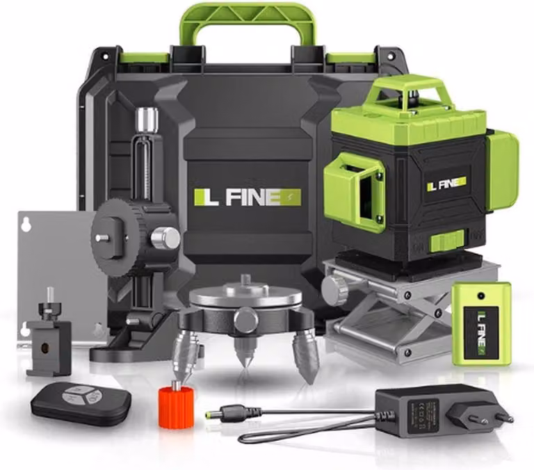 Livella laser a croce - 16 linee - 4D - 2 batterie - Misuratore di distanza - Verde - Con accessori - Con treppiede