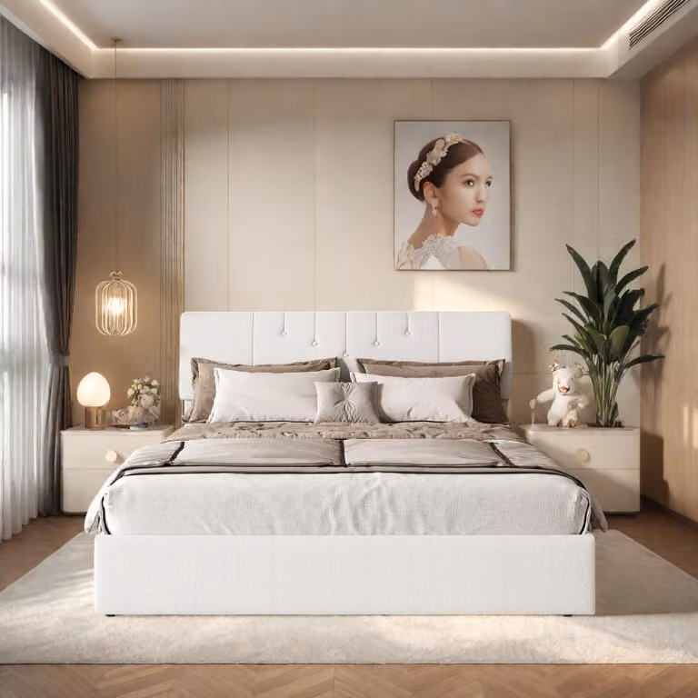 Letto idraulico ProximaX 160×200 cm in crema - tessuto orsetto, porte USB su entrambi i lati, ampia rete sotto il piano di appoggio - ideale per la camera da letto
