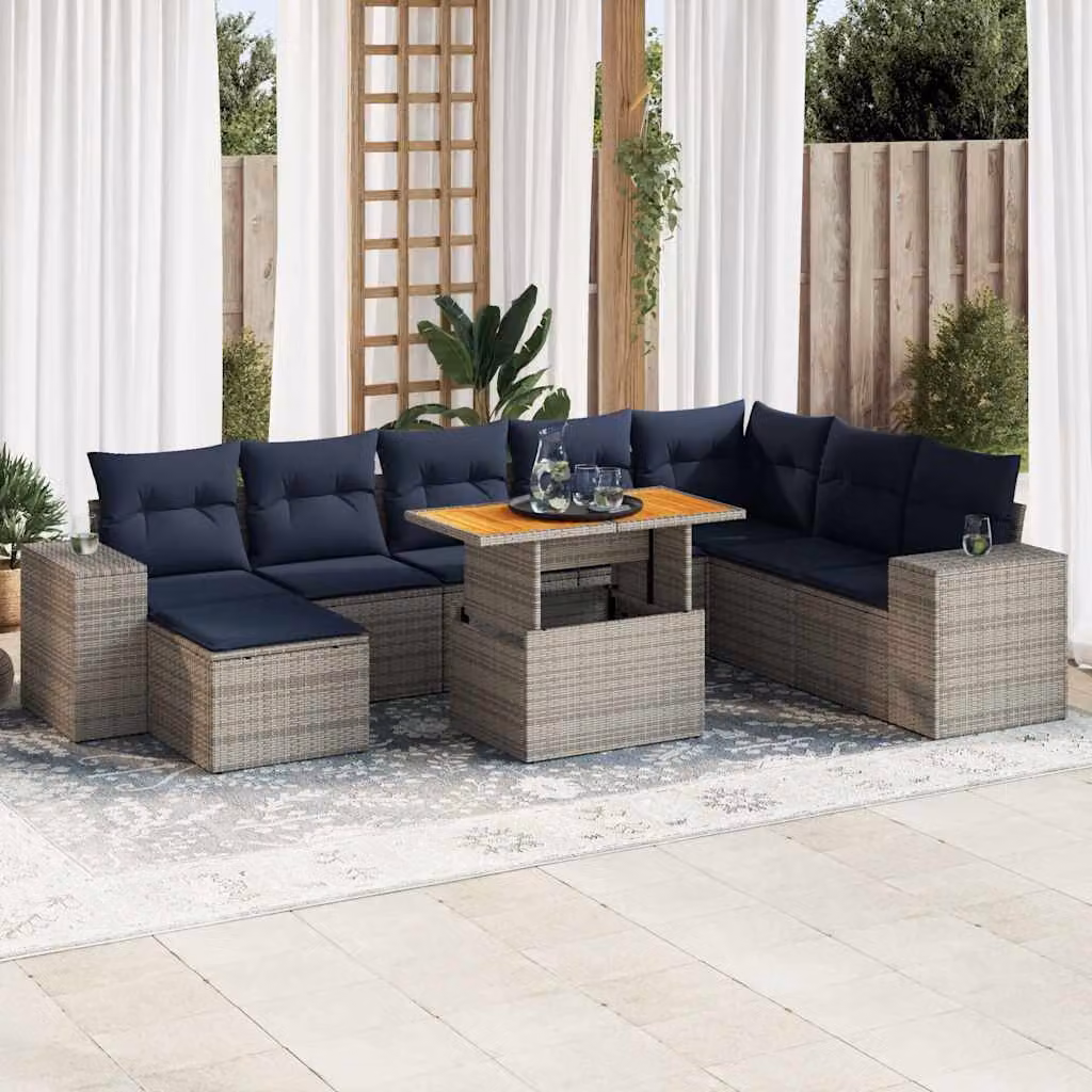 Set Divano da Giardino vidaXL 9 pz in Polyrattan Grigio con Cuscini e Tavolino da Esterno