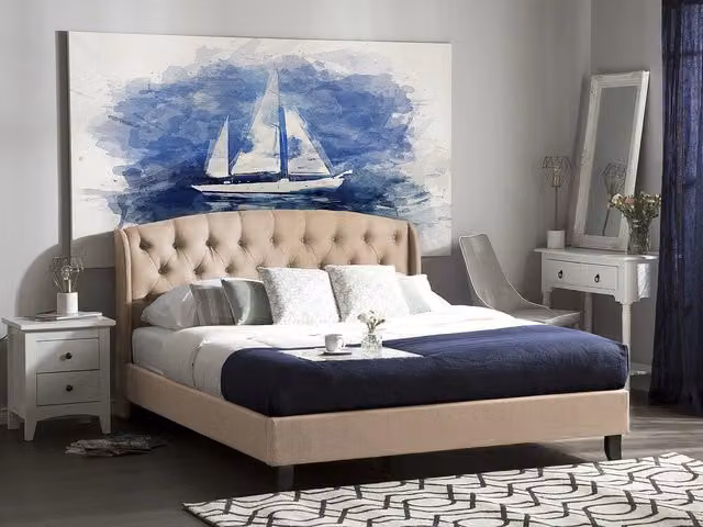 Letto matrimoniale BELIANI in tessuto beige con poggiatesta imbottito e doghe a resorte, design moderno, L 140 x P 200 cm – 1