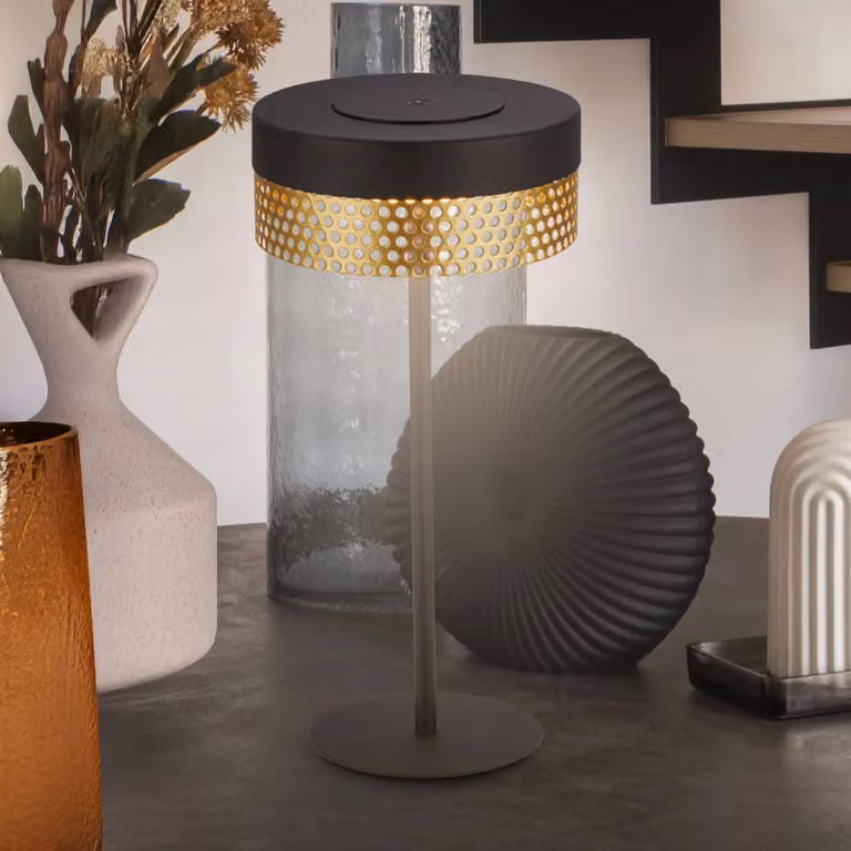 Briloner Lampada da tavolo a batteria Booha, nera, metallo, IP44, dimmerabile, Nero, Metallo, Moderno