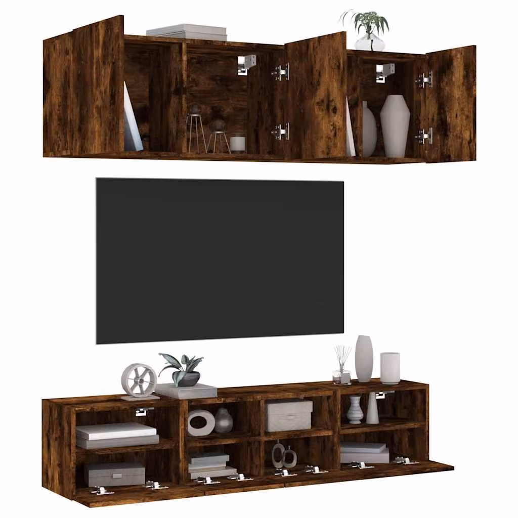 Set di 5 mobili TV da muro vidaXL in legno multistrato e MDF, colore Rovere Fumo opaco, stile moderno