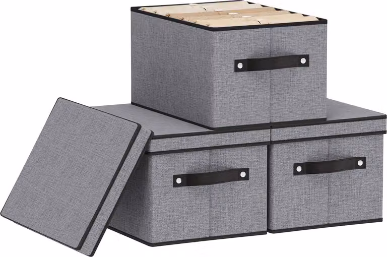Contenitori portaoggetti con coperchio, confezione da 3, dimensioni 26x20x17 cm, contenitori portaoggetti grigi per abbigliamento