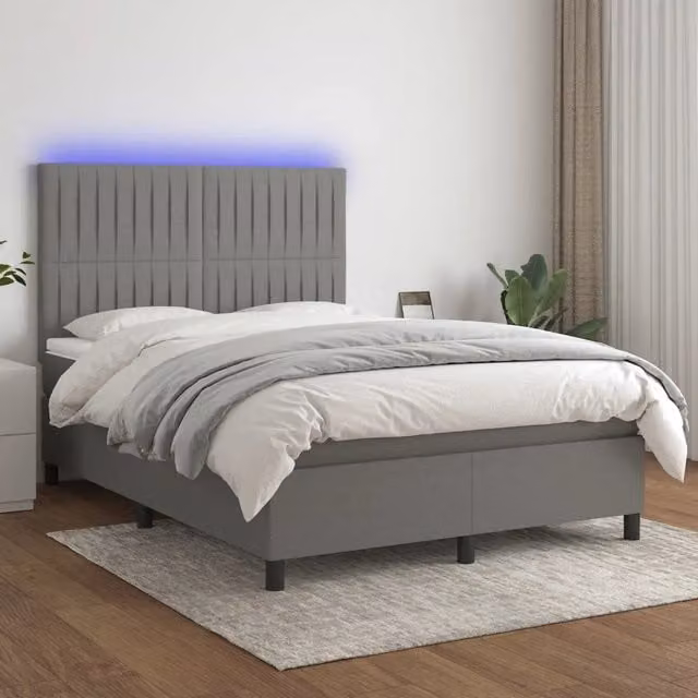 Letto con Materasso a Molle e Illuminazione LED vidaXL in Tessuto Grigio, L/P: 140 x 190 cm – 1