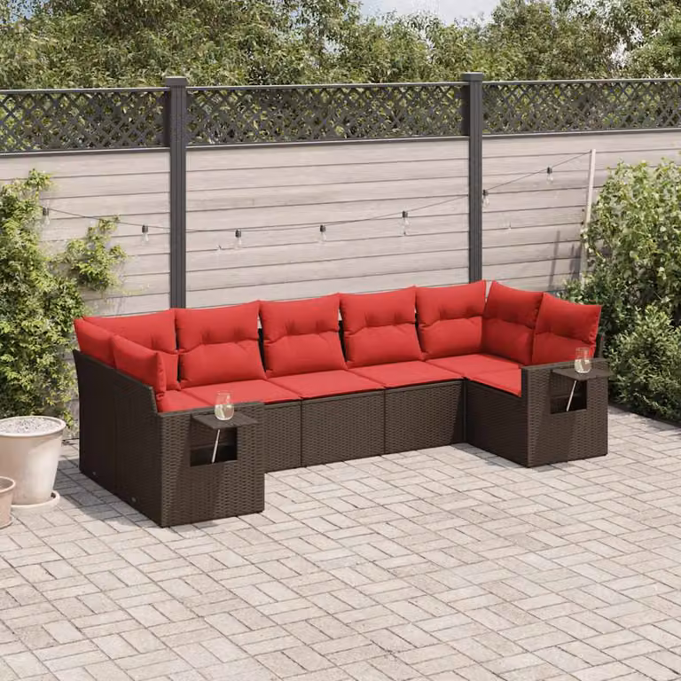 Set di divani da giardino vidaXL 7 pezzi in rattan marrone con cuscini imbottiti e struttura in metallo resistente ai raggi UV