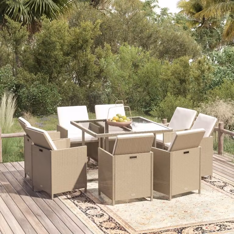The Living Store Set da pranzo da giardino 9 pezzi con cuscini in poly rattan beige