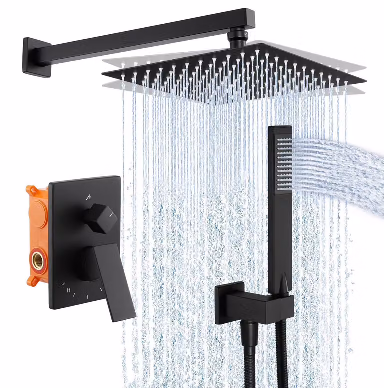 Set completo per soffione doccia da incasso, colore nero, con 3 tipi di getto, doccetta manuale, tubo flessibile per doccia da 10 pollici, sistema doccia con ugelli anticalcare, corpo in ottone, attacco G 1/2