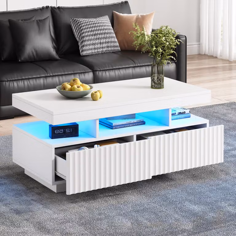Tavolino STILVORA, 100x50x45 cm, grande tavolino da divano con due cassetti, motivo a righe verticali, tavolino da tè sagomato a iniezione, tavolino da soggiorno con striscia LED, bianco