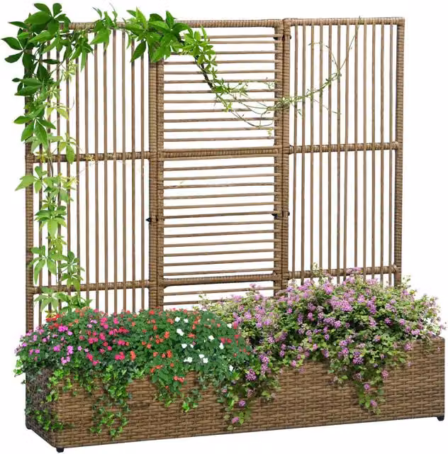 Fioriera con traliccio XYLO in resina intrecciata e acciaio, beige o marrone, L: 103 cm, P: 29 cm, H: 103 cm