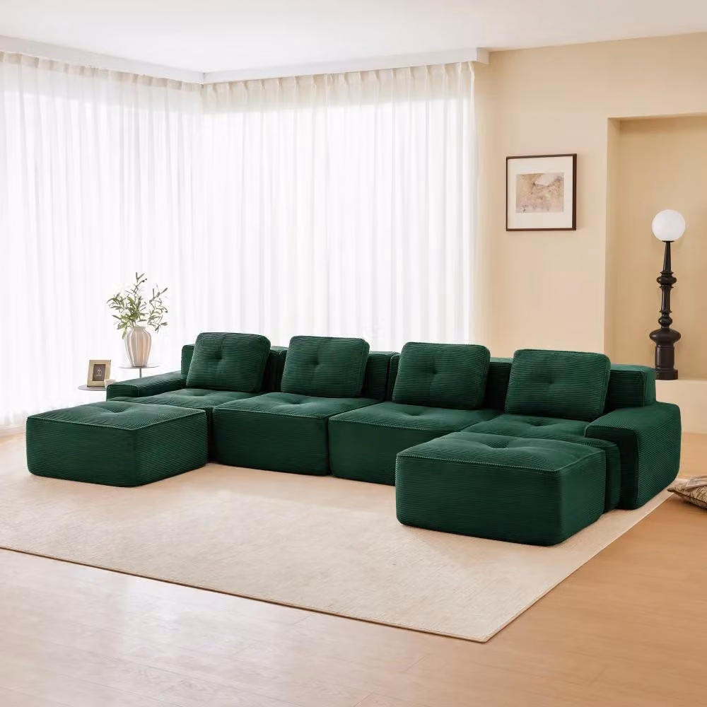 Divano modulare a forma di "U" per 4 persone, senza struttura a vista, rivestito in corda, imbottitura morbida, antiscivolo, colore verde