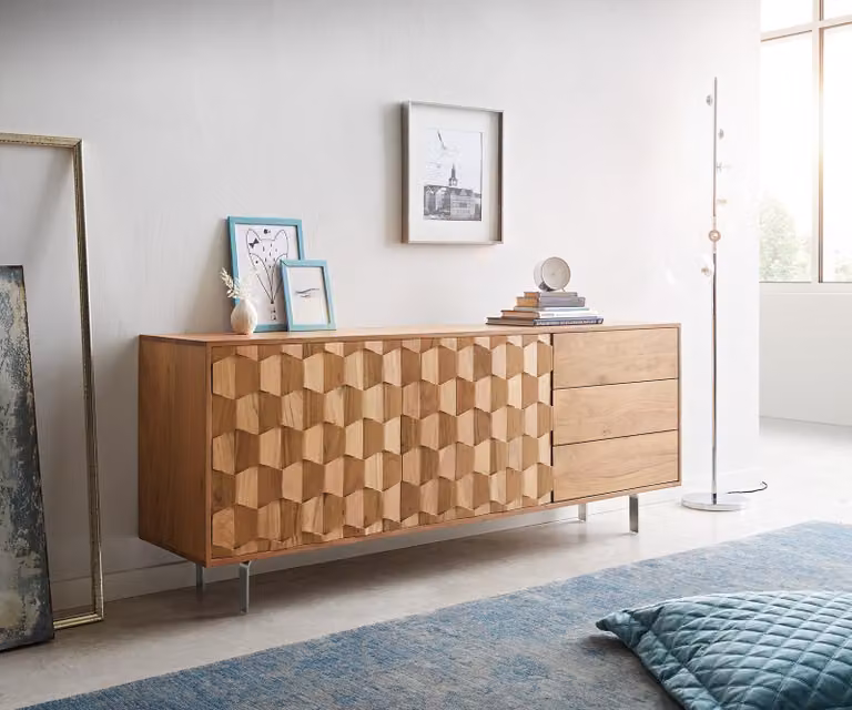 Mobile contenitore DELIFE modello Fevo, 175 cm, legno di acacia naturale, 2 ante, 3 cassetti, base a forma di "L"