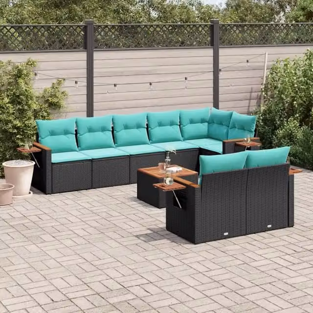 Set Divani da Giardino 9 pz con Cuscini Nero in Polyrattan 3226995