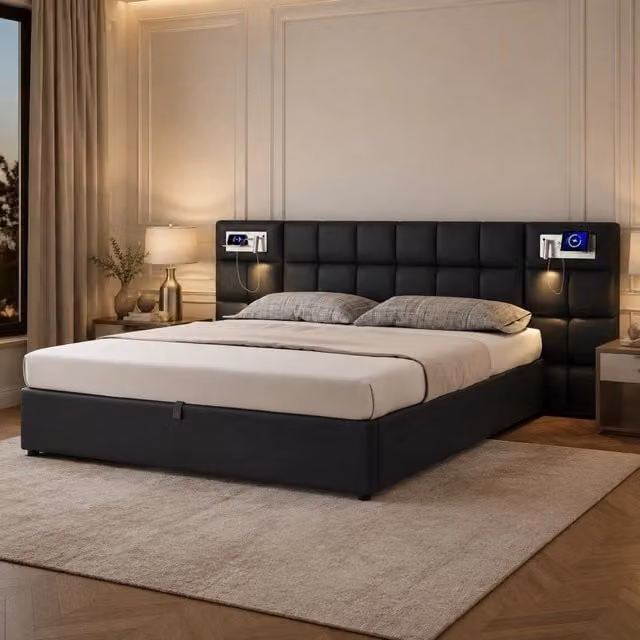 Letto imbottito 180x200 cm con sollevamento idraulico, porta USB, ricarica wireless, lampada integrata e spazio contenitore, struttura con doghe in legno, colore nero