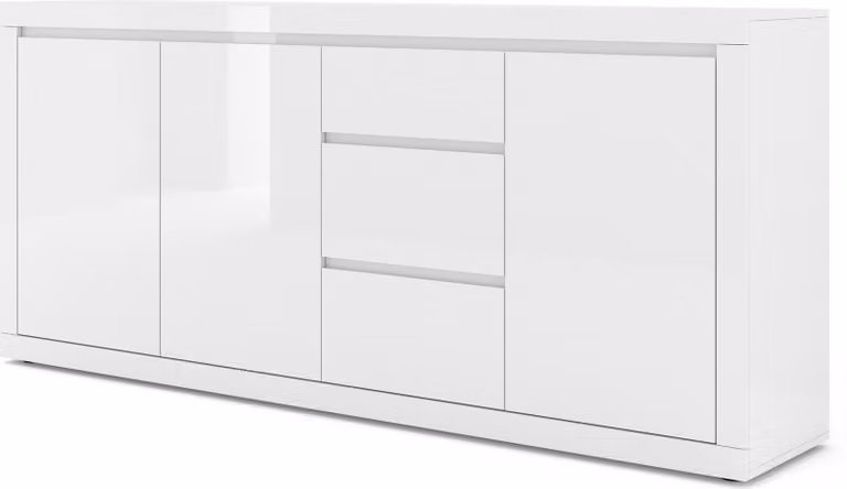 Cassettiera Bello Bianco IV 195 cm Credenza Credenza mobile TRE ripiani, TRE cassetti Bianco opaco/bianco lucido italiano