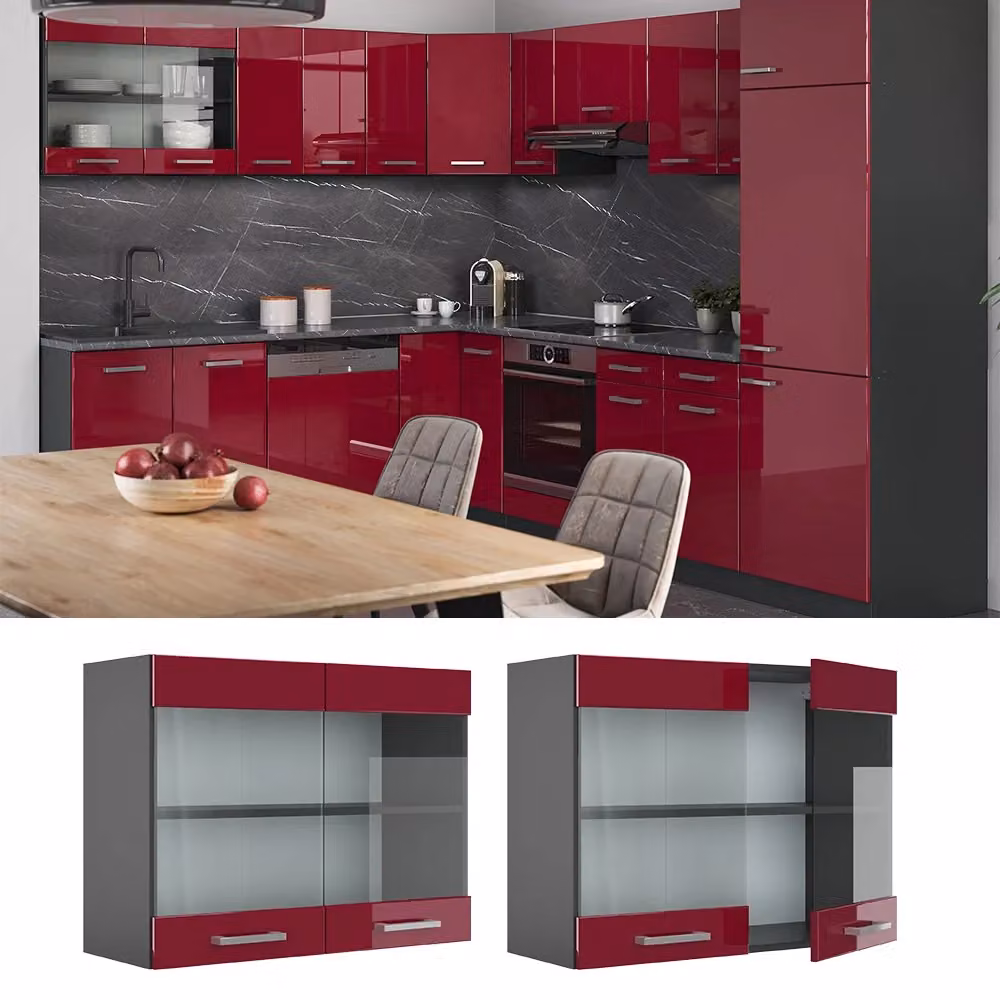 Pensile da cucina Vicco R-Line moderno con ante in vetro, Rosso lucido e Antracite, L: 80 cm, P: 31 cm, H: 60 cm – 2