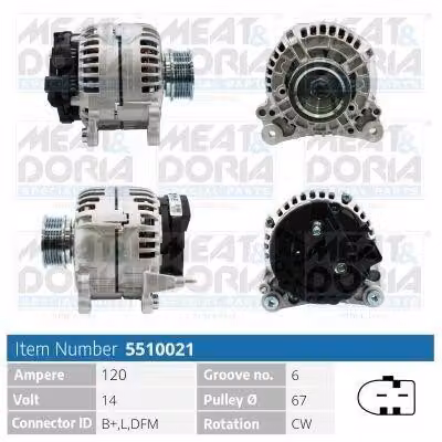MEAT & DORIA 5510021 Alternatore 120 A 14 V per VW Transporter IV Bus (70B, 70C, 7DB, 7DK, 70J, 70K, 7DC, 7DJ) LT 28-35 II Bus