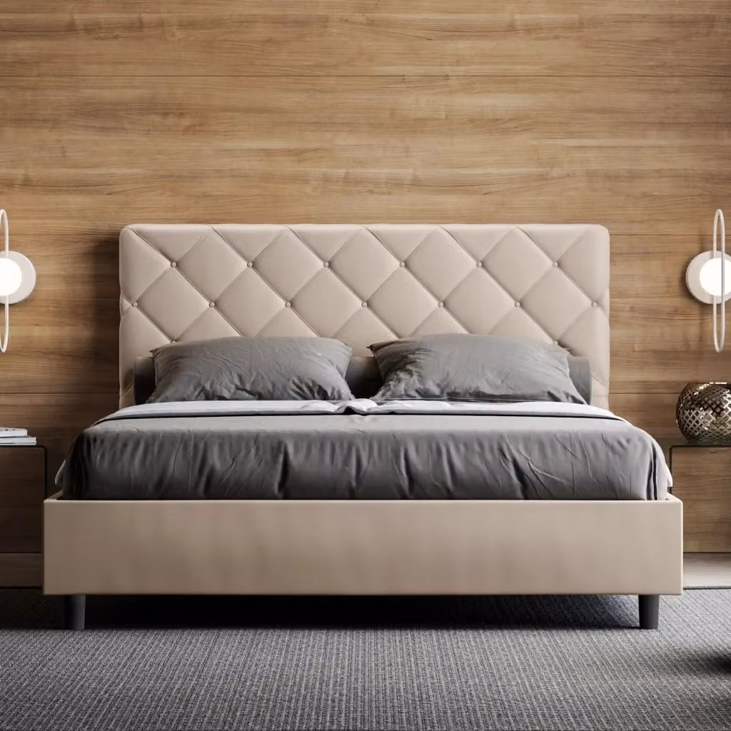 Letto Matrimoniale Priya Giordanoshop con Contenitore e Rete, Imbottito in Similpelle Beige, L/P: 160 x 200 cm – 2