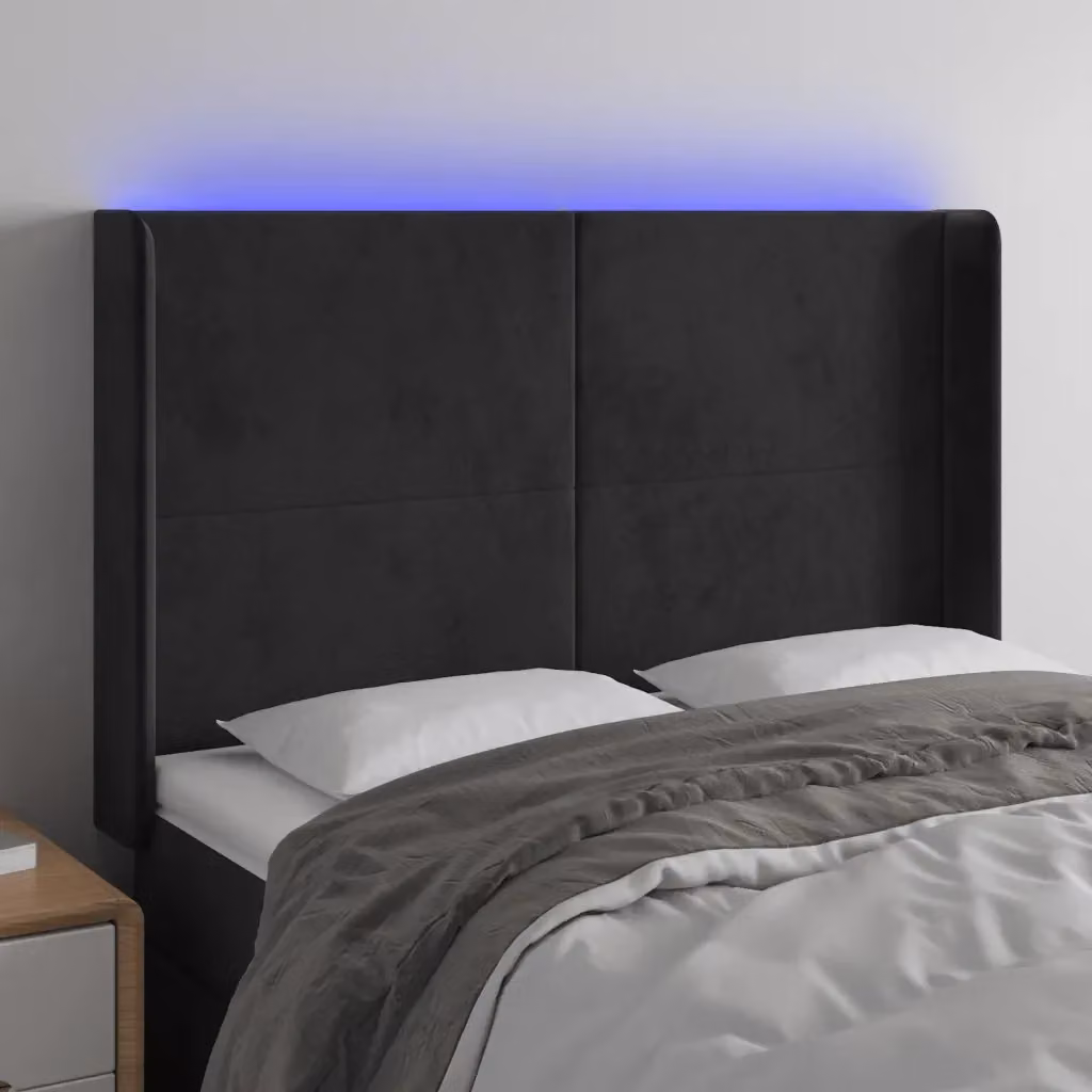 Testata del letto con illuminazione LED e porta di ricarica USB in velluto nero, L: 147 cm, P: 16 cm, H: 118-128 cm – 2