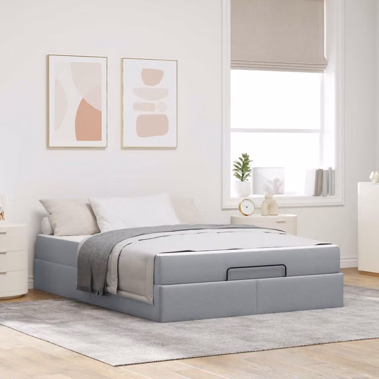 Set letto con struttura imbottita e 2 materassi vidaXL in tessuto grigio, L/P/H: 140 x 190 x 43,5 cm