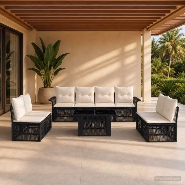 Set Divano da Giardino 9 pz Nero e Bianco Crema polyrattan 3436624