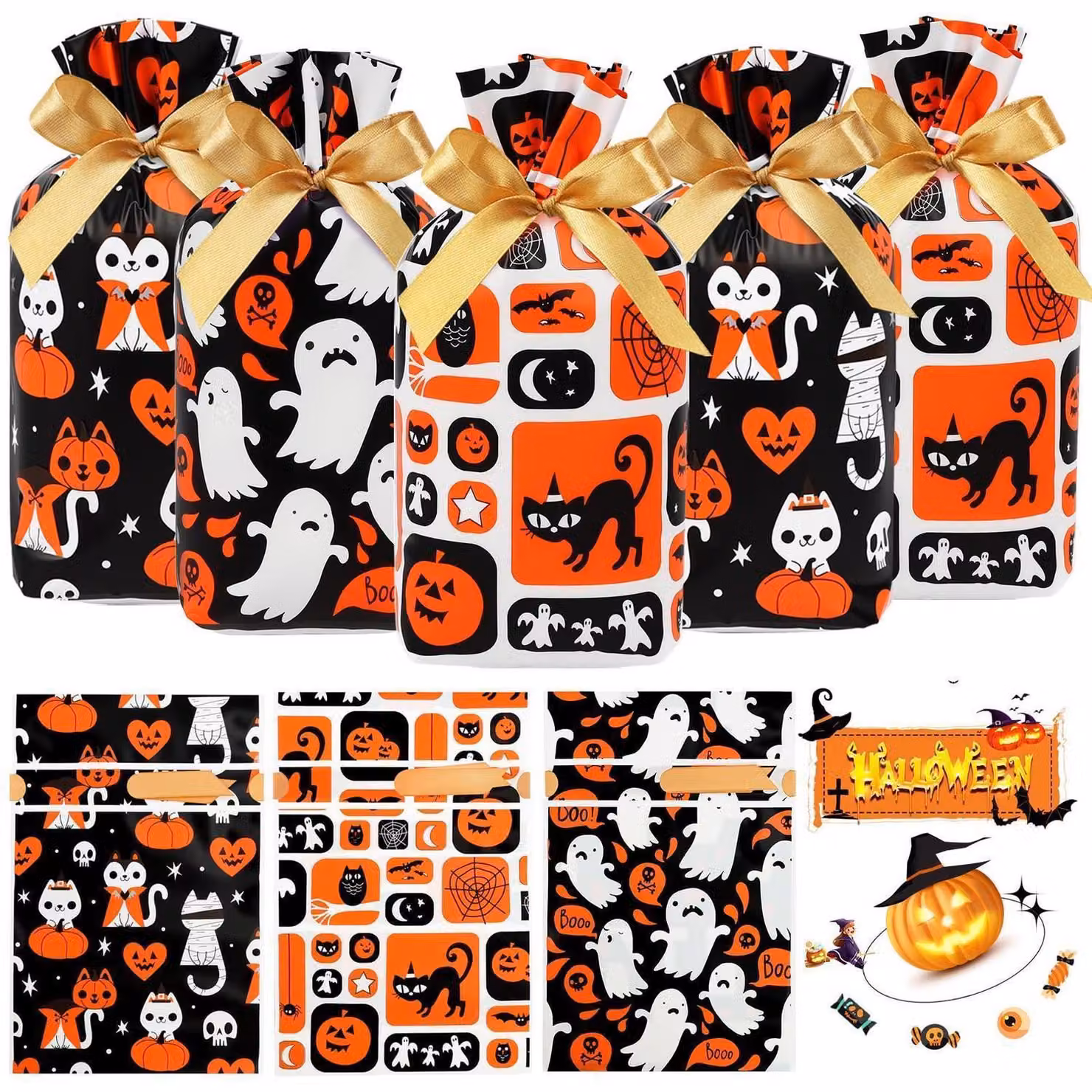 Sacchetti per dolcetti di Halloween, 50 pezzi, colori assortiti, plastica, con chiusura a cordoncino, dimensioni 14,7 x 22,9 x 6 cm