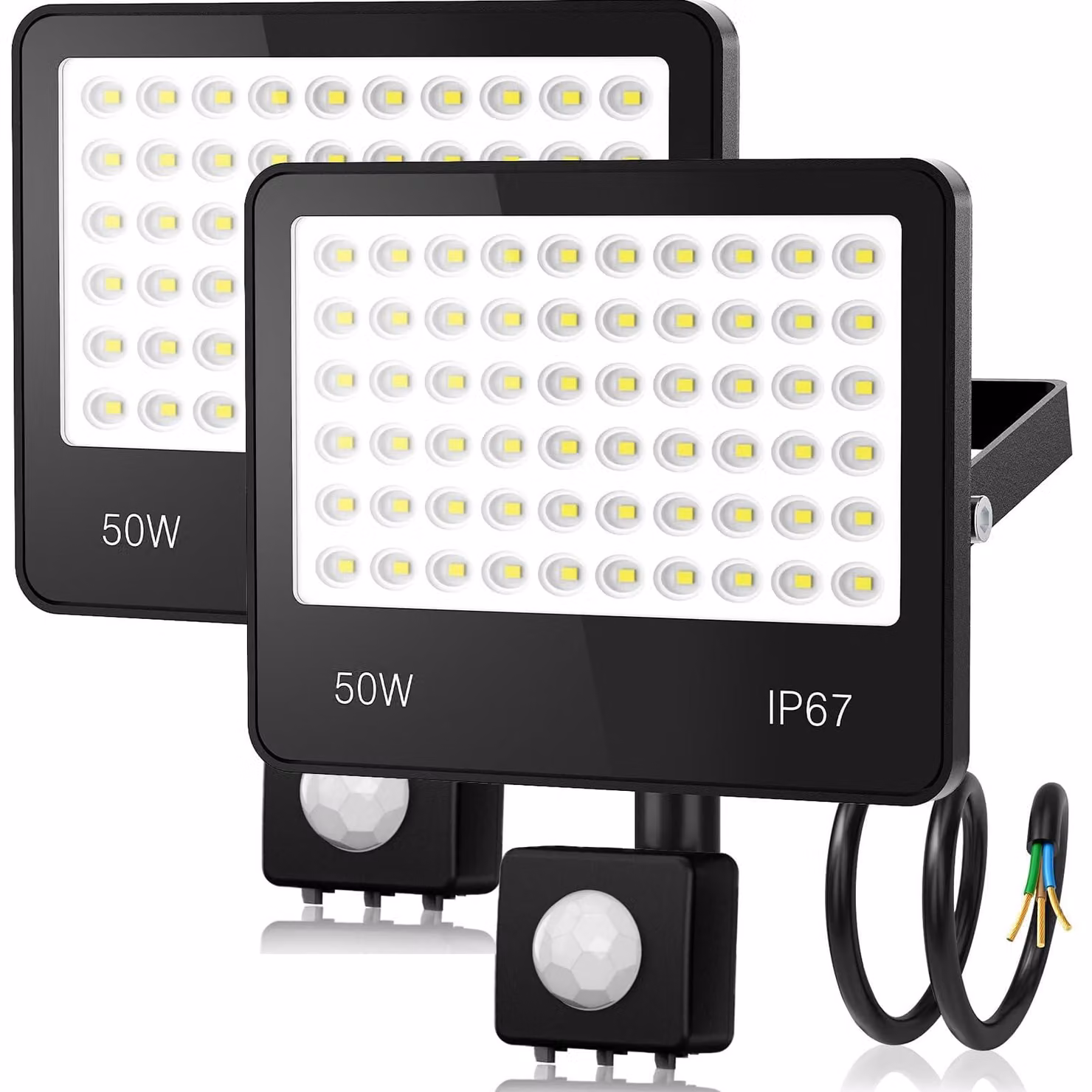 Fari LED da 50W, 5000 lumen, con sensore di movimento, set da 2, grado di protezione IP67