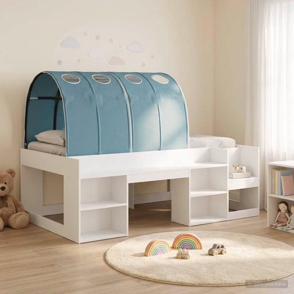 Letto singolo rialzato con tunnel per bambini vidaXL, Bianco e azzurro, L/P/H: 200 x 100 x 127 cm