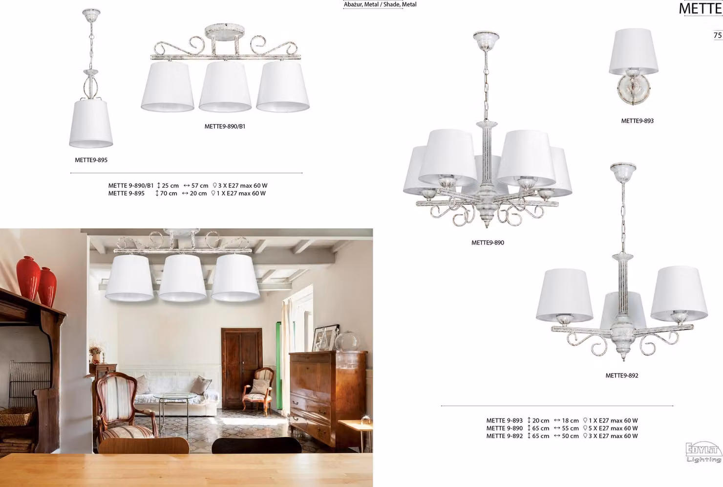 Lampada da soffitto antica bianca dorata con paralume bianco METTE 9-895