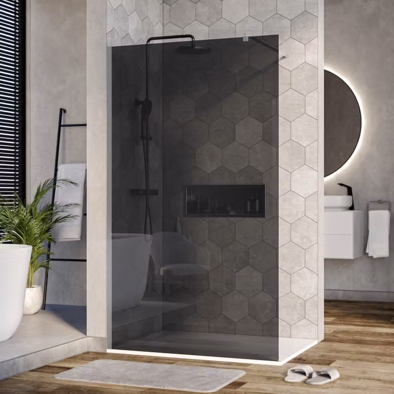 Cabina doccia Walk-In Nano real glass EX101 - Vetro grigio - 10 mm - Profilo a parete cromato - Larghezza selezionabile, Larghezza Walk-In:1200mm