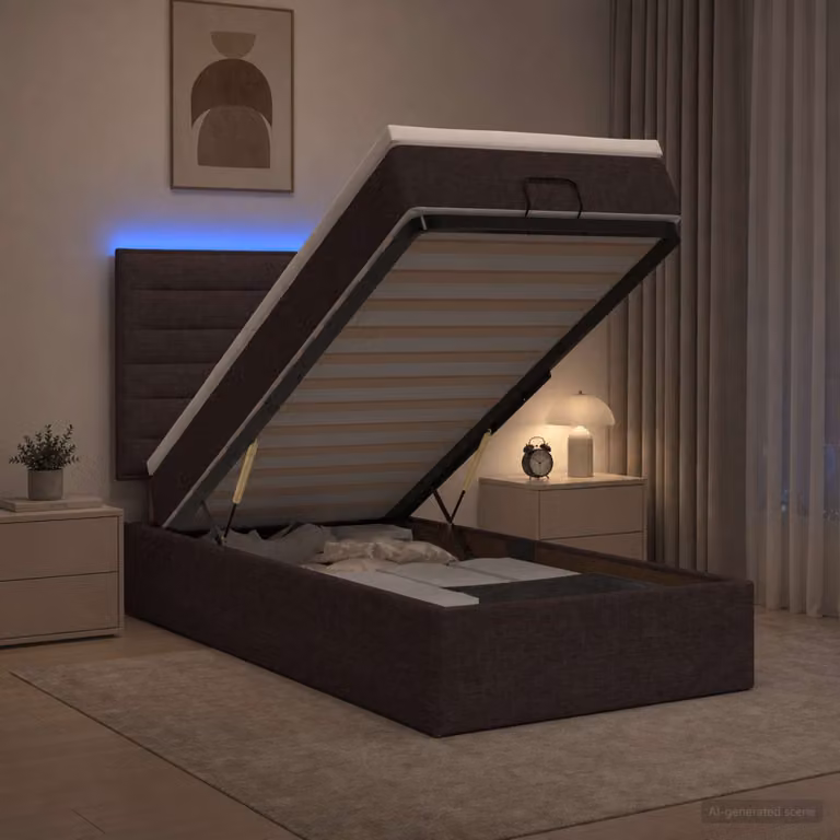 Letto Ottomano vidaXL con Materasso Ibrido e Illuminazione LED sotto il letto, Marrone e Bianco, L/P/H: 200 x 90 x 88 cm