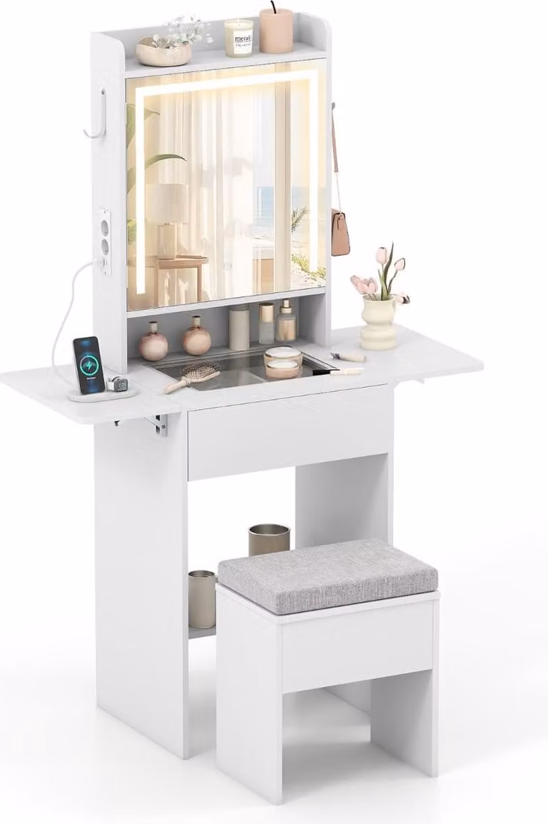 Set da toeletta con specchio a LED, sgabello, prese elettriche