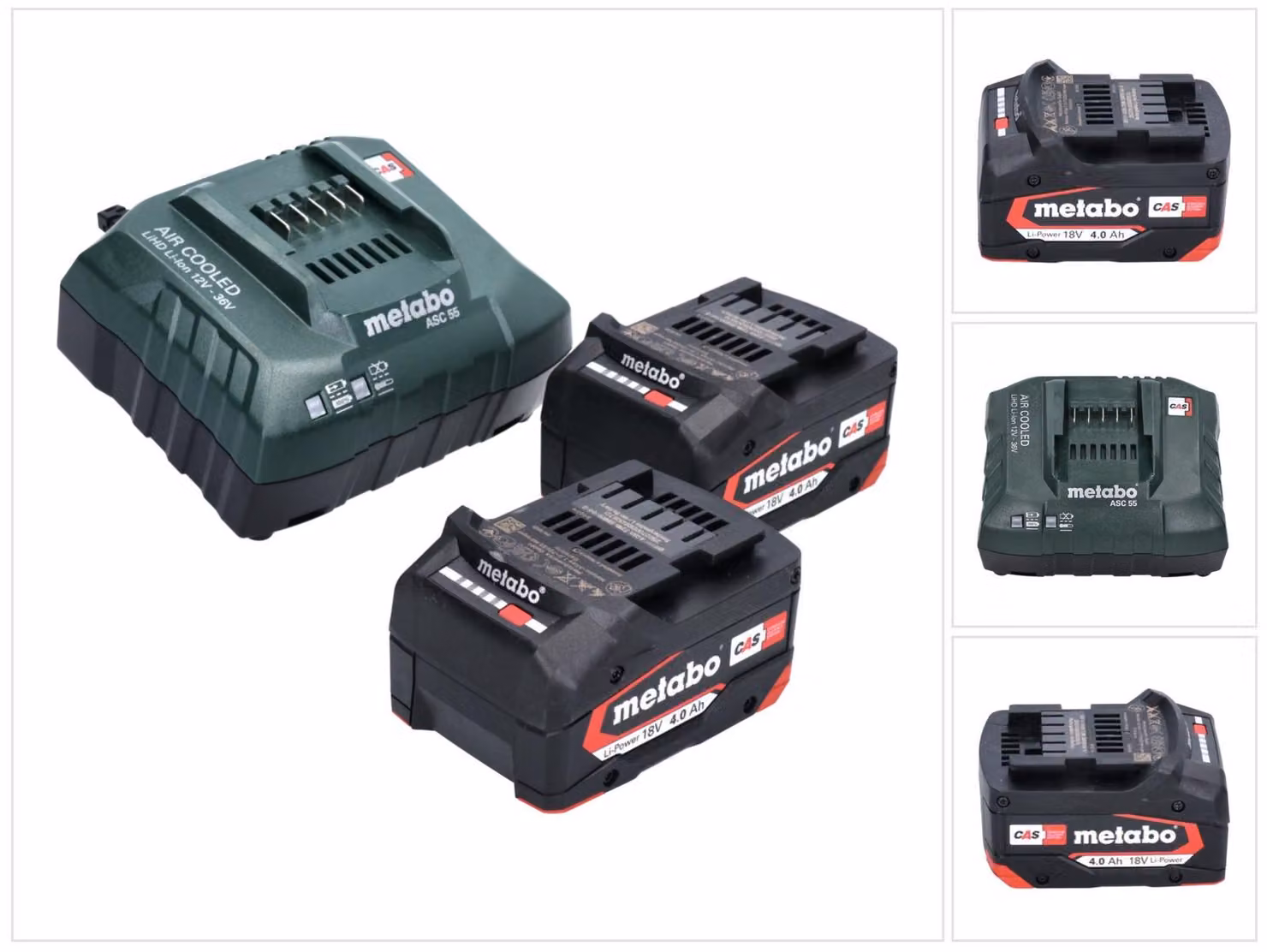 Set base Metabo 2x batterie Li-Power 18 V 4,0 Ah CAS agli ioni di litio ( 2x 625027000 ) + caricatore ASC 55 ( 627044000 )